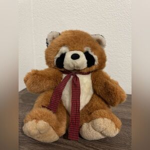 Vintage Adorable Raccoon Plush with Red Bow